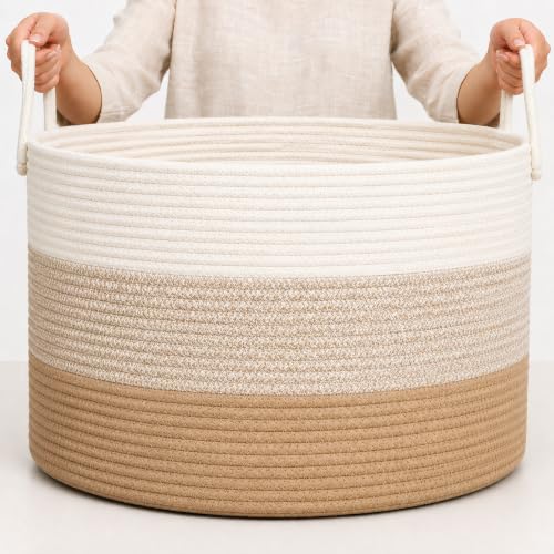 OrganiHaus Round Toy Basket & Blanket Basket, Cotton Rope 20x13" | 3-Toned Honey - Round Cotton Rope Basket, 20x13" - color: 3-toned Honey, size: Wide
