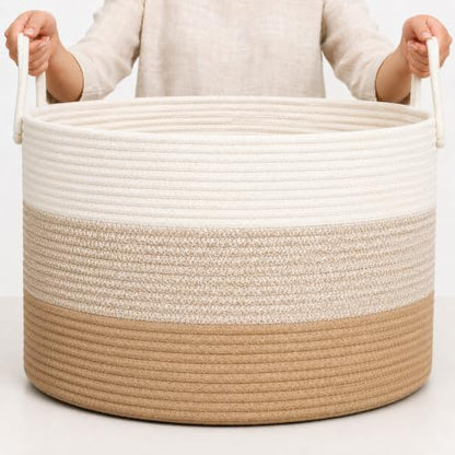 OrganiHaus Round Toy Basket & Blanket Basket, Cotton Rope 20x13" | 3-Toned Honey - Round Cotton Rope Basket, 20x13" - color: 3-toned Honey, size: Wide