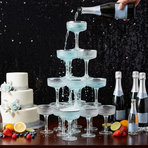 Champagne Tower 7 oz Plastic Champagne Coupe Glasses Set Stackable Plastic Ribbed Martini Glasses Unbreakable Acrylic Cocktail Coupe Cups for Wedding Birthday (Glitter,Silver,Set of 55) - color: Sliver, size: Glitter