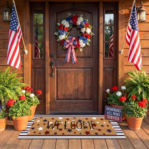 Tinideya 2 Pcs Long 4th of July Layered Outdoor Doormat Set, 250th Anniversary Patriotic Star Coir Welcome Mat with Red White Blue Stripe Rug for Independence Day Front Porch Entryway Home Decor - style: Star