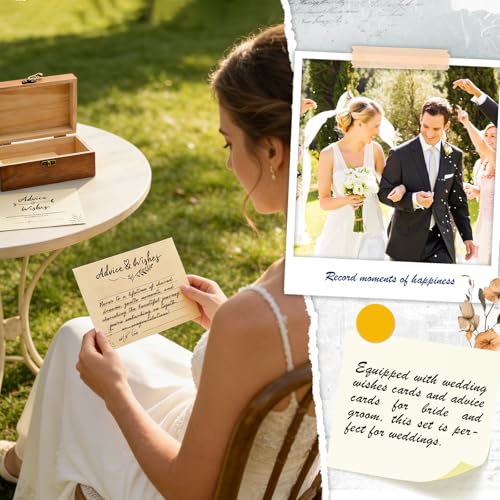 Wooden Advice & Wishes Memory Box with 50 Pcs Kraft Tan Cards for Wedding - Bridal Shower Guest Book Alternative- Versatile Keepsake for Newlyweds, Baby Shower, Graduation & Birthday Party ﻿ (Set) - color: Set