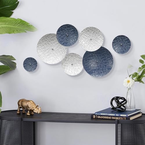 Blue Wall Decor for Home Living Room Gallery,7PCS Metal Art Accent | Silver Home Decor,3D Floating Sculptures,Overlapping Effect,Statement Decor for Staircase Hallway Porch, Housewarming Gift - color: Silver and Navy Blue