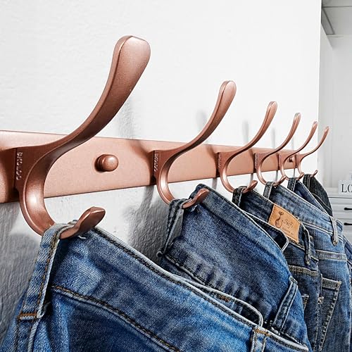 SKOLOO Coat Rack Wall Mounted - 6 Hooks, Pack of 2, Heavy Duty, Stainless Steel, Metal Wall Hanger, Sturdy Coat Hooks for Hanging Coats, Jacket, Clothes, Hat, Matte Rose Gold - color: Matte Rose Gold, size: 6 Hook(2 Pack)