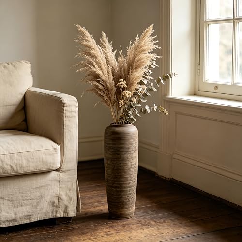 Brown Rustic Ceramic Floor Vase, 19.7 Inch, Ribbed Texture | Living Room, Entryway, Fireplace, Pampas Grass, Dried Branches - size: 19.7 Inch