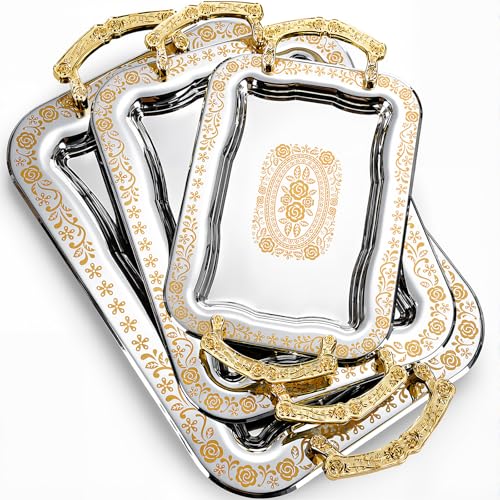 3 Pack Metal Serving Trays with Handles, Decorative Floral Platter Trays for Coffee Tea, Food, Dessert, Jewelry, for Buffet Wedding Party Kitchen Home Decor(Elegant,Silver, Gold) - color: Silver, Gold, style: Elegant