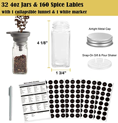 4 Tier Spice Rack Organizer with 32 Square Spice Jars and 160 Spice Labels Set for Kitchen Cabinet Countertop Pantry or Wall Mount, Matte Black - size: 4 Tier With Jars