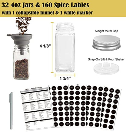 4 Tier Spice Rack Organizer with 32 Square Spice Jars and 160 Spice Labels Set for Kitchen Cabinet Countertop Pantry or Wall Mount, Matte Black - size: 4 Tier With Jars