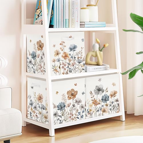 Clastyle 11.8" Flower Storage Basket Set of 3 for Kid Women Toy Clothes Bin | Collapsible Fabric Book Bin, Metal Frame Bottom Board, Cube Organizer, Closet Nursery Pantry Shelf Bedroom, Boho Meadow - color: Brown