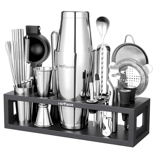 HMYBAR® Bartender Kit with Black Bamboo Stand, 31-Piece Cocktail Shaker Set, 20/28 oz Boston Shaker Set for Home Bar, Mixology Bar Tool Set with 39 Recipe Cards - color: Black