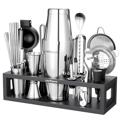 HMYBAR® Bartender Kit with Black Bamboo Stand, 31-Piece Cocktail Shaker Set, 20/28 oz Boston Shaker Set for Home Bar, Mixology Bar Tool Set with 39 Recipe Cards - color: Black