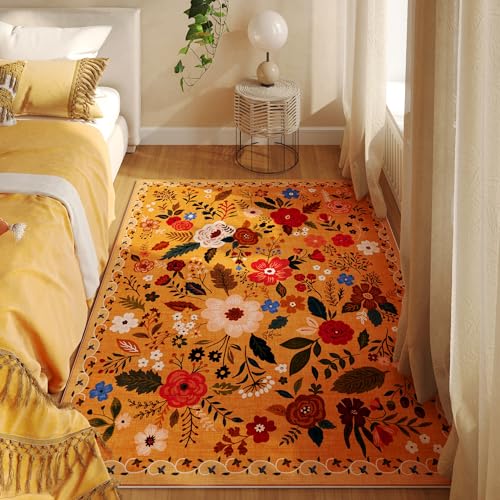 Rugcomf Bedroom Rug 3x5 Rug Washable Area Rug Non Slip Low Pile Boho Floral Small Carpet for Bedroom, Bedside, Kitchen, Entryway, Kids Room, Office, College Dorm Essentials for Girls(Yellow) - color: Yellow Orange, size: 3' x 5' (Rectangular)