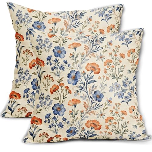 Blue Orange Floral Pillow Covers 16x16 Inch Set of 2 Fall Colored Vintage Flowers Autumn Thanksgiving Decorative Throw Pillowcases Holiday Farmhouse Outdoor Cushion Cases Decor for Sofa Couch Bed - color: Blue Orange-fall Floral, size: 16" x 16" (Pack of