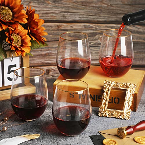 Mimorou Stemless Wine Glasses & Gold Rim, Set of 6, 17 oz Red Wine Glasses | Gold Rimmed, Elegant Style, Stable Base Prevents Tipping, for Wedding Party Events or Daily, as a Housewarming Gift