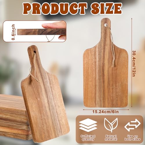 JJUNW 6 Pack Acacia Wood Cutting Board with Handle, Cheese Boards Charcuterie Boards, 12” x 6” Wooden Cutting Boards for Kitchen, Hanging Cutting Board Decor, Bread Boards for Food, Cheese, and Meat
