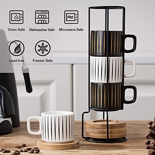 LUKA Porcelain Espresso Cup with Saucer and Metal Stand, 4 Ounce Stackable Ceramic Demitasse Espresso Mugs Cups Set for Latte, Specialty Coffee Drinks, Cafe Mocha,Tea - Set of 4, White & Black - color: Black & White Stripes