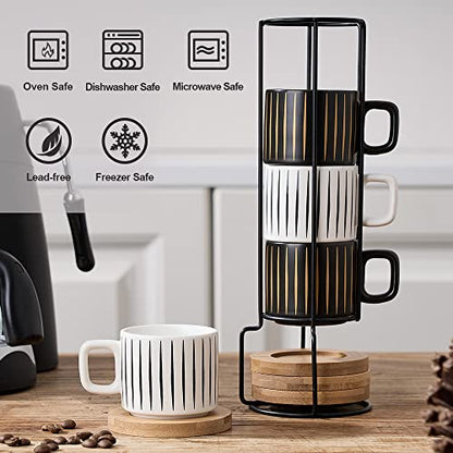 LUKA Porcelain Espresso Cup with Saucer and Metal Stand, 4 Ounce Stackable Ceramic Demitasse Espresso Mugs Cups Set for Latte, Specialty Coffee Drinks, Cafe Mocha,Tea - Set of 4, White & Black - color: Black & White Stripes