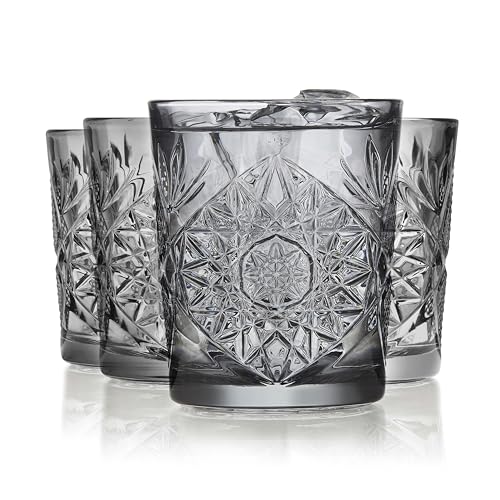 Libbey Hobstar Double Old Fashioned Glasses, Smoke Colored Cut Glass Drinking Glasses Set of 4, Durable, Vintage Whiskey Glasses for Cocktail, Drinks - color: Hobstar Smoke