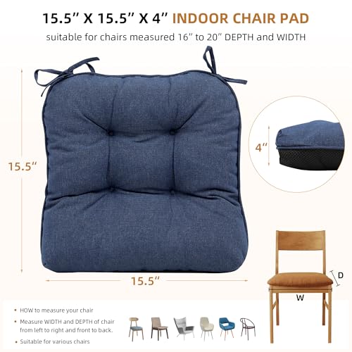 RACE LEAF Indoor Chair Cushions 4 Pack, Tufted Memory Foam Dining Room Chair Pads with Ties and Non-Slip Backing, Kitchen Seat Cushions 15.5" X 15.5" Navy - color: Navy