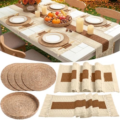 Boho Placemats 4/6/8 Set of Round Woven Placemat Macrame Style Bicolor Stitching Long Table Runner Farmhouse Rustic Natural Burlap Cotton for Kitchen Dining Table(4 Sets,Caramel Color,12x72) - color: Caramel Color, size: 12x72"