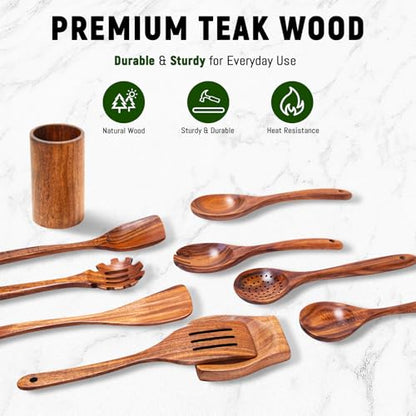 10 Pcs Teak Wooden Utensil Set, Wooden Spoons for Cooking | Non-Toxic & Nonstick Safe Kitchen Utensil, Durable Comfort Grip, Heat Resistant Wood Cookware with Holder and Spoon Rest - size: 10 Pieces Set