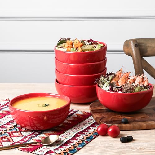 vicrays Ceramic Cereal Bowls Set - Porcelain 26 Ounce Soup Salad Bowls Set - Rice Dessert Cream Bowls Set - Chip Resistant Dishwasher Microwave Safe - Set of 6 (Red) - color: Red