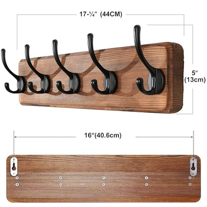 SKOLOO Rustic Wall Mounted Coat Rack, Case of 2, Pine Solid Wood Coat Hook Hanger - 5 Hooks for Hanging Clothes Robes Towels Coats - color: Brown Plate & Black Hook, size: 2 Item-5 Hooks