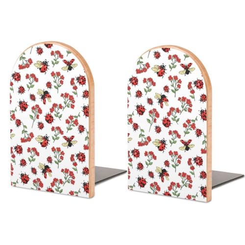 Wooden Book Ends with Metal Base Bookends Supports for Shelves, Ladybug | Cute Red Flower Green Leaves, Non-Slip Book Stoppers for Magazines, Books, DVDs, Small, 1 Pair - color: Style(513)