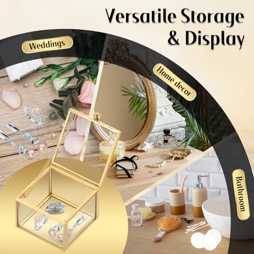 MYFULLY Vintage Gold Glass Jewelry Box 2.36"x 2.36"x 1.77" | Small Square Lidded Keepsake & Trinket Box for Rings, Earrings, Bracelets, Cards, Home and Vanity Display