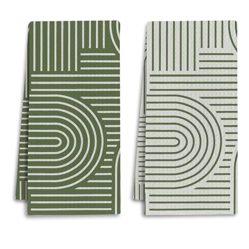 Abstract Boho Sage Green Kitchen Towels, Minimalist Contemporary Dish Tea Towels for Kitchen Decor, Mid Century Modern Green Decorative Hand Towel for Bathroom, 16x24 Inches Set of 2 - color: Green