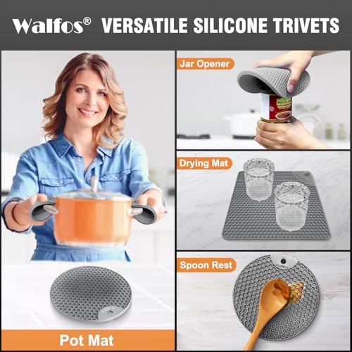 Walfos Silicone Trivet Mats - 4 Heat Resistant Pot Holders, Multipurpose Non-Slip Hot Pads for Kitchen Potholders, Hot Dishers, Jar Opener, Spoon Holder, Food Grade Silicone & BPA Free (Nordic Grey) - style: 7.1+7in, 4 Grey Round + Rectangle