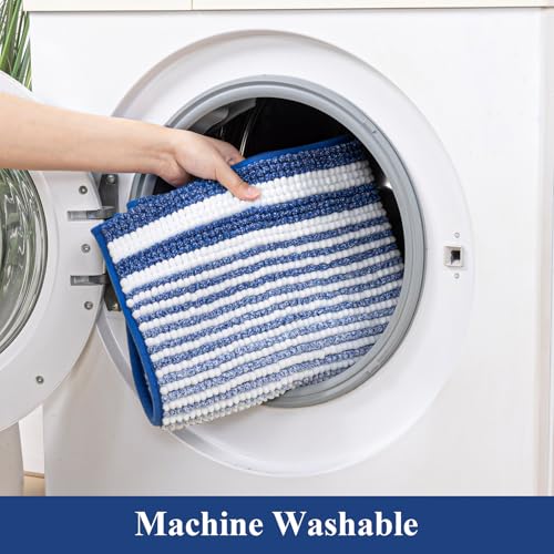 HEBE Chenille Bathroom Rugs Sets 3 Piece, Non Slip Washable Bath Mats Set | Absorbent Bathroom Mat Set, Soft Bath Rugs, Ultra Plush Bath Mat and U-Shaped Contour Toilet Rug Set for Tub Shower, Blue - color: Blue
