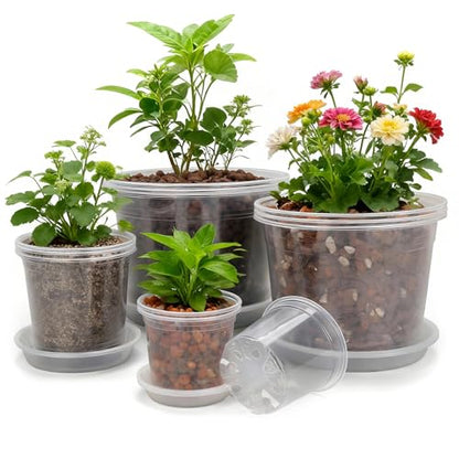 10/8/6/4 Inch Clear Nursery Pots with Drainage Holes and Saucers, 12 Pack Large Clear Pots for Plants Variety Pack, Plastic Nursery Pots for Succulents, Seedings, Herbs, Flowers, Vegetables - size: 4/6/8/10 inch-With saucer
