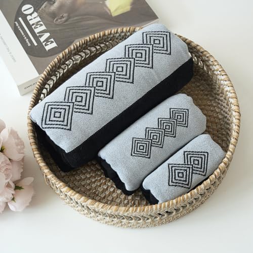 Marina Decoration Premium Luxury Decor Ultra Soft 100% Cotton Embroidered Bathroom Modern 3 Piece Towel Set, Black Modern Square Pattern - color: Black Modern Square