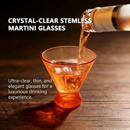 Set of 6 Martini glass 9 oz Stemless Glasses,Heavy Base Stable Cocktail/Drink/Juice/Red Wine Glasses,Fits Ice Cream/Milkshakes,Dishwasher Safe,Ideal Gift for Home Party (Orange) - color: Orange
