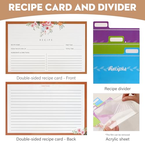 KIRIGEN Wooden Recipe Box with Cards and Dividers, 2 Compartments, Natural | Recipe Card Box Includes About 100 Cards, 100 Protectors, 12 Dividers, Acrylic Shield, Hinged Lid, and Metal Clasp - color: Natural