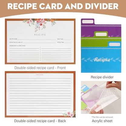 KIRIGEN Wooden Recipe Box with Cards and Dividers, 2 Compartments, Natural | Recipe Card Box Includes About 100 Cards, 100 Protectors, 12 Dividers, Acrylic Shield, Hinged Lid, and Metal Clasp - color: Natural