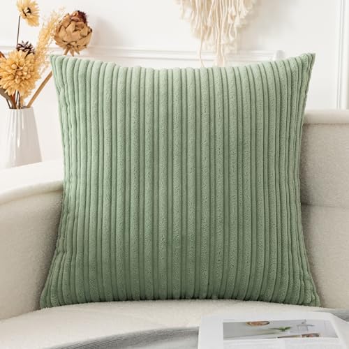 UGASA 18x18 Inch Soft Throw Pillow Cover Corduroy Striped Solid Square Cushion Case Boho Farmhouse for Couch Bedroom Sofa Home, 1 Piece, Sage Green - color: Sage Green, size: 18" x 18" (Pack of 1)