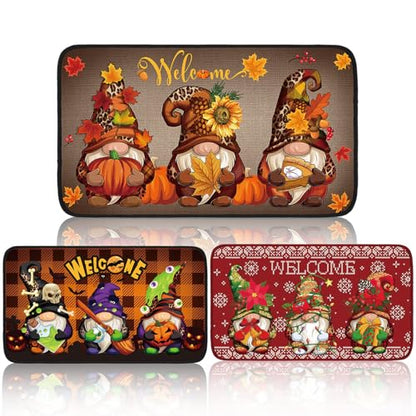 Zhanmai 3 Pcs Gnome Welcome Door Mat, Fall Halloween Christmas | 27.6 X 17.7 Inch Nonslip Rubber Backing, Rugs for Front Door Entryway Porch, Thanksgiving Harvest Home Decor with Gnomes