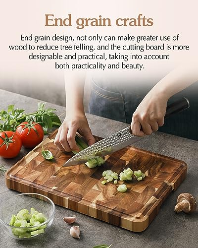 XINZUO Acacia Wood End Grain Cutting Board (13.8''L x 9.8''W x 1''T)-Wooden Chopping Board with Non-Slip Feet, Side Handles and Juice Groove - size: 13.8"L x 9.8"W