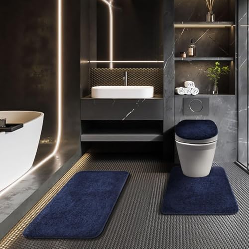 Bathroom Rugs Sets 3 Piece with Toilet Seat Cover 17.5"x 15" | Machine Washable Bath Rug Set with Tpr Non Slip Rubber Backing Solid Bath Mat Set for Luxury Bathroom Decoration - color: Navy Blue, size: 17.5" x 15"+ 32" x 20"+ U 24" x 20"