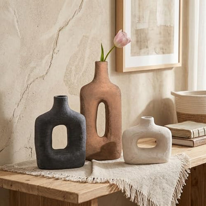 DREAMLOOM Ceramic Vase Set of 3, Black, Rust | Square Cutout, Farmhouse Rustic, Wabi-Sabi, Home Decor, Living Room Bedroom Kitchen Shelf Centerpiece - color: Rust Red Combo - Hollow Design