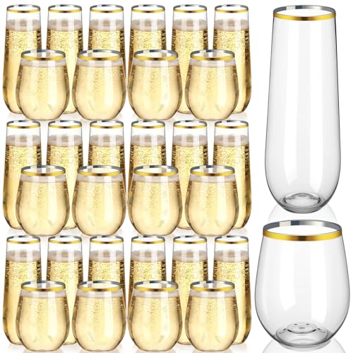 Remerry 48 Pack Stemless Plastic Wine Glasses 9 oz & 12 oz Disposable Champagne Flutes Cups Shatterproof Toasting Cocktail Glasses for Weddings, Bars, Events(Gold Rim) - style: Gold Rim