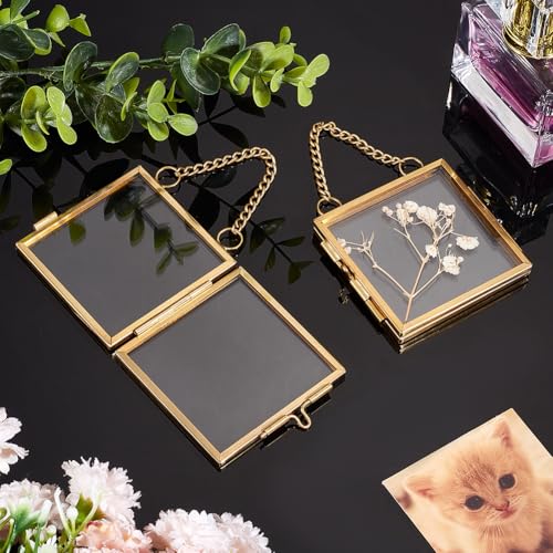 OLYCRAFT 6Pcs 2.1x2.1 Inch Gold Mini Glass Hanging Frame with Chain | Metal Picture Frames, Double Glass Floating Frames, Wall Hanging Artwork Display Frame for Pressed Flowers Leaf and Artwork - size: 2.1x2.1 Inch