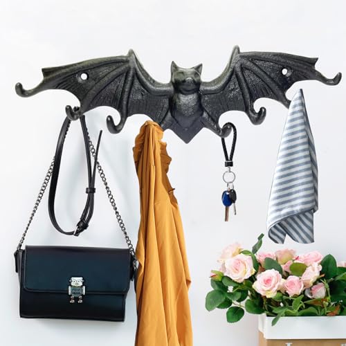Bat Key Hooks Gothic Bat Key Holder Casting Iron Wall Mount Key Rack | Rustic Decorative Hooks for Hanging Keys Bag Purse Towel Umbrella Dog Leash Hooks, 9.65 x 2.56in Bat Key Rack with 8 Hooks