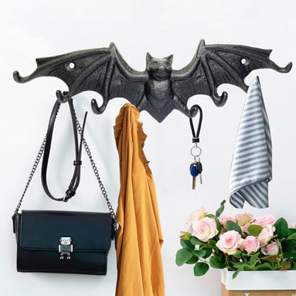 Bat Key Hooks Gothic Bat Key Holder Casting Iron Wall Mount Key Rack | Rustic Decorative Hooks for Hanging Keys Bag Purse Towel Umbrella Dog Leash Hooks, 9.65 x 2.56in Bat Key Rack with 8 Hooks
