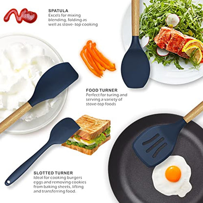 oannao Silicone Cooking Utensils Set - 446°F Heat Resistant Silicone Kitchen Utensils for Cooking,Kitchen Utensil Spatula Set w Wooden Handles, BPA FREE Gadgets for Non-Stick Cookware (Navy Blue) - color: Navy Blue