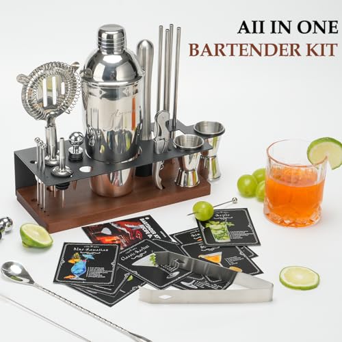23-Piece Cocktail Shaker Set with Stand, 304 SS, Bartender Kit Gift | Complete Home Bar Set: Leak-proof Shaker, Jigger, Muddler, 18/8 Steel, Gift for beginners, cocktail lovers & house parties - color: Brown
