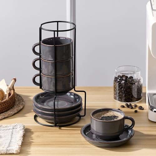 JIEMEI HOME Porcelain Stackable Cappuccino Cups with Saucers and Metal Stand, 7 Ounce Espresso Cups for Latte Coffee Cafe, Specialty Coffee Drinks, Cappuccino and Tea - Set of 4, Purple-Gray - color: Purple-Gray