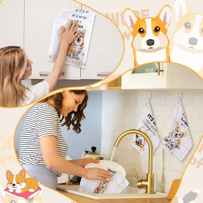 Redbaker 6 Pcs Funny Corgi Kitchen Towels Gifts for Corgi Lovers Dish Towel Yellow White Dog Kitchen Hand Decorative Tea Dishcloth with Hanging Loop for Dog Owners Bathroom Home Housewarming Gift - style: Corgi