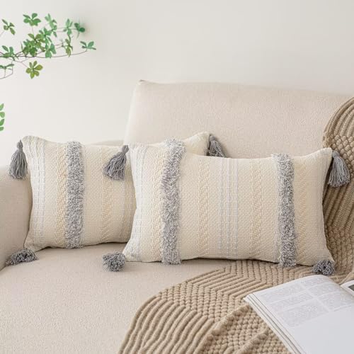 BUIOVBEY Boho Throw Pillow Covers Woven Tufted Pillow Cases with Tassels | Farmhouse Pillow Covers 12x20 Set of 2 Textured Striped Cushion Case Neutral Decorative Pillowcase for Sofa Couch Light Grey - color: Light Grey, size: 20" x 12" (Pack of 2)